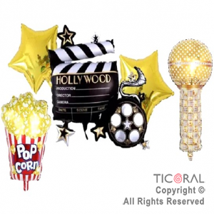 SET DE GLOBOS METALIZADO HOLLYWOOD FILMACION 5 UNIDADES X 1